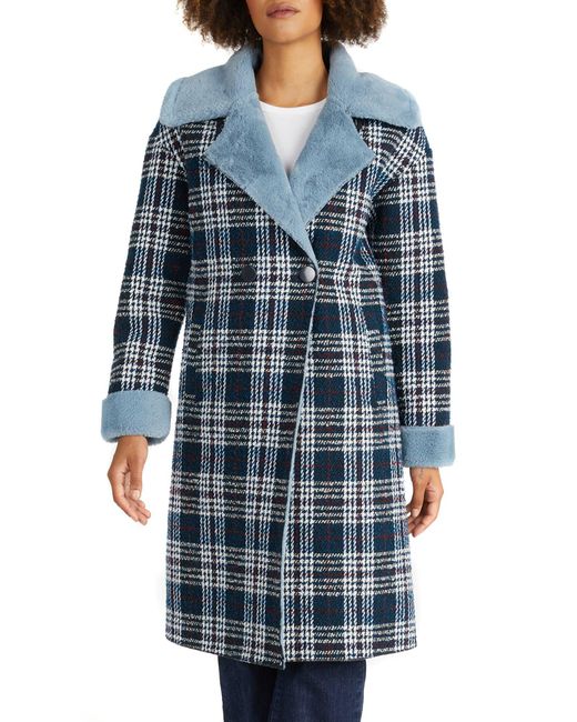 NVLT Faux Shearling Plaid Long Coat In Blue At Nordstrom Rack