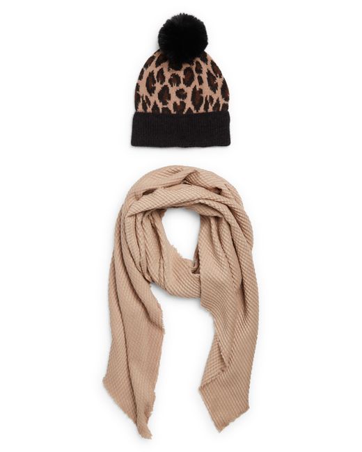 Vince Camuto Natural Leopard Print Beanie With Faux Fur Pompom & Scarf Set