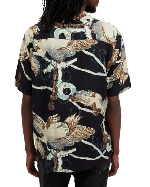 AllSaints Black Buzzard Print Camp Shirt for men