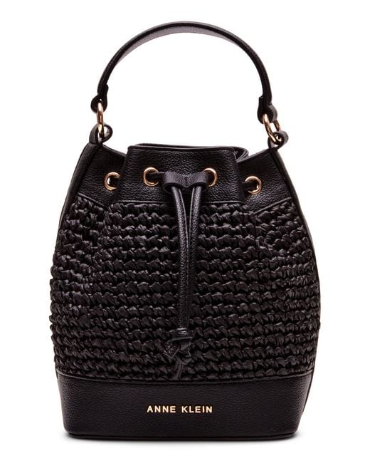 Anne Klein Black Woven Straw Bucket Bag
