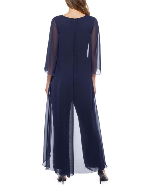 Marina Blue Chiffon Overlay Long Sleeve Jumpsuit