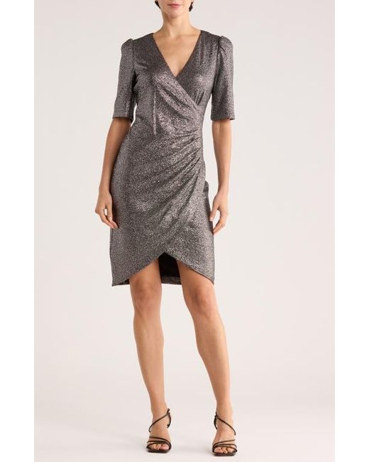 Calvin Klein Metallic Short Sleeve Faux Wrap Dress in Gray | Lyst