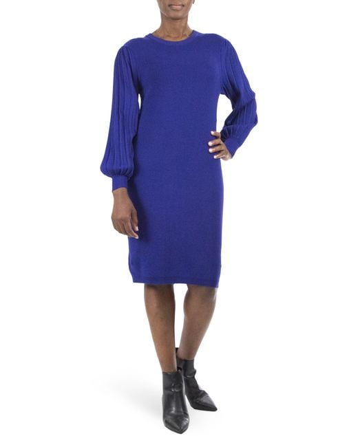 Nina Leonard Pleated Bubble Sleeve Sweater Dress in Blue