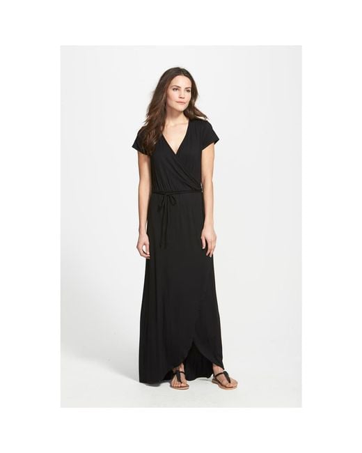 Loveappella Cap Sleeve Faux Wrap Jersey Maxi Dress in Black | Lyst Loveappella Cap Sleeve Faux Wrap Jersey Maxi Dress in Black | Lyst