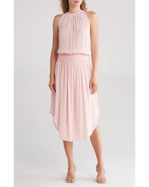Ramy Brook Pink Audrey Smocked Waist Sleeveless Midi Dress