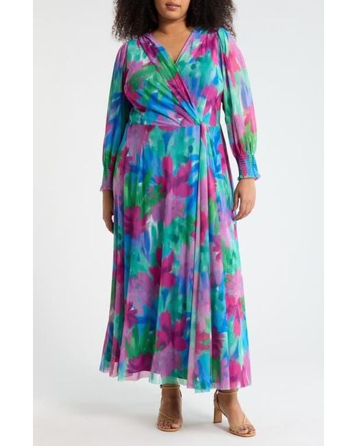 London Times Floral Long Sleeve Faux Wrap Maxi Dress in Blue | Lyst
