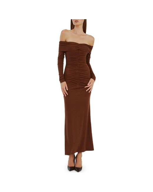 Bardot Artura Diamante Off The Shoulder Long Sleeve Maxi Dress in Brown |  Lyst