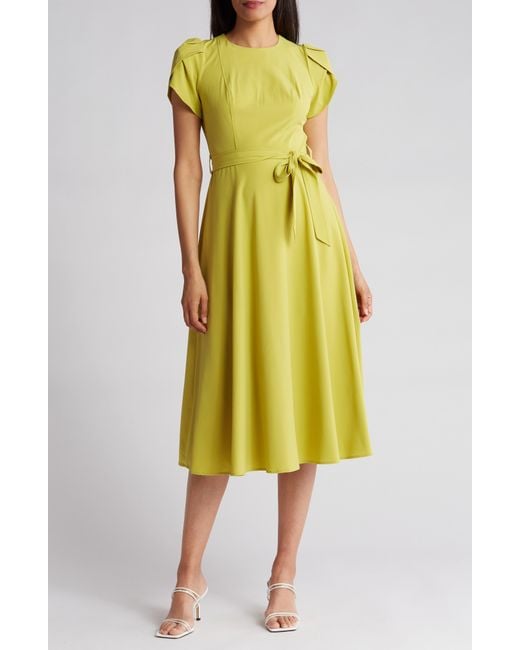 Calvin Klein Yellow Comm Tie Waist Tulip Sleeve Dress