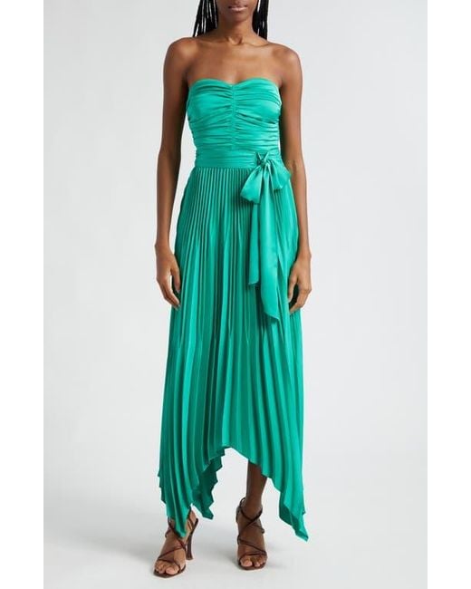 Ramy Brook Green Fernanda Ruched Pleated Strapless Maxi Dress
