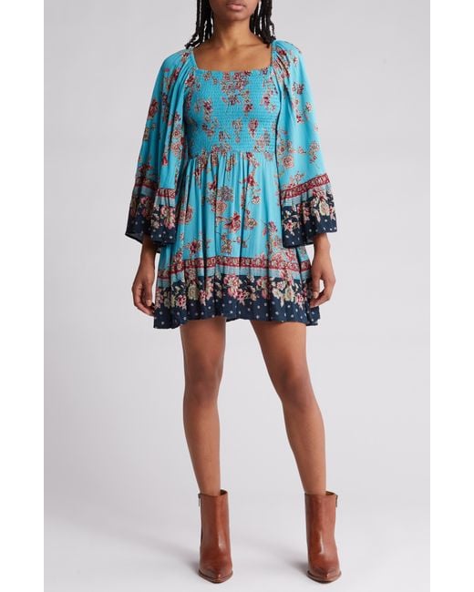 Angie Blue Floral Print Smocked Bell Sleeve Dress
