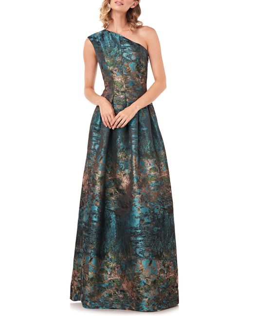 Kay Unger Multicolor Cara Metallic Jacquard One-shoulder Gown
