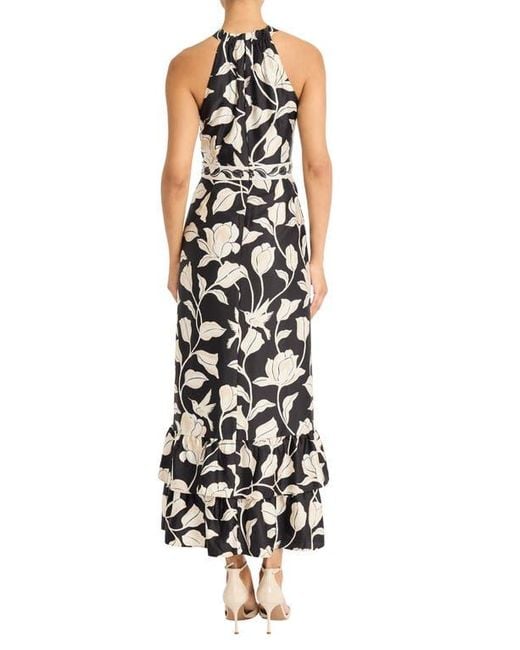 Maggy London White High Neck Ruffle Maxi Dress