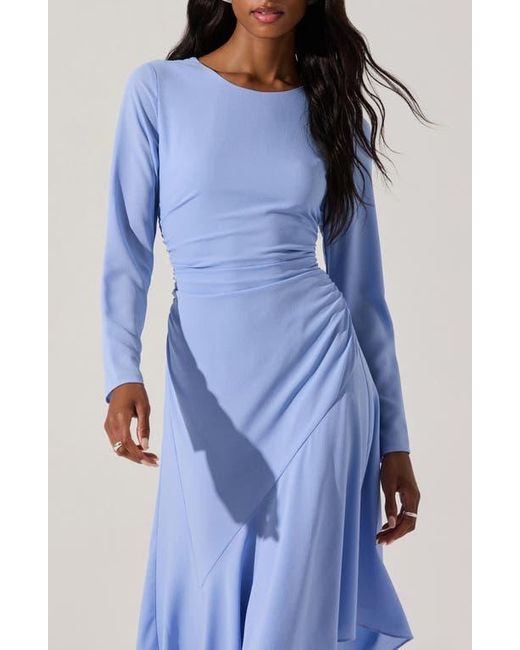 Astr Blue Long Sleeve Asymmetric Hem Midi Dress