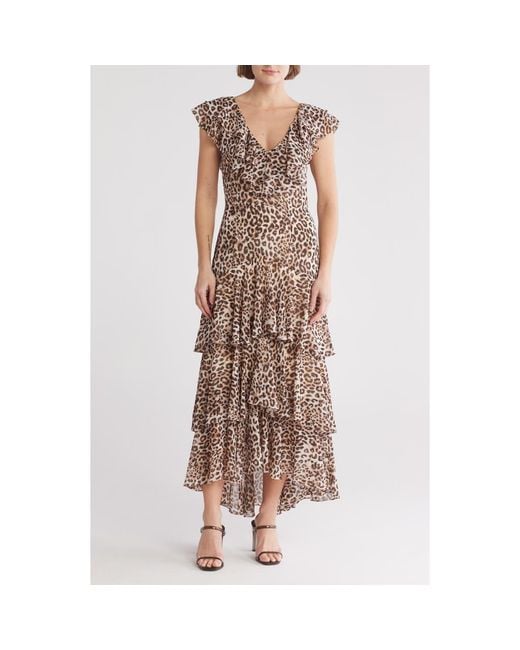 Wayf Animal Print Tiered Dress in Brown | Lyst