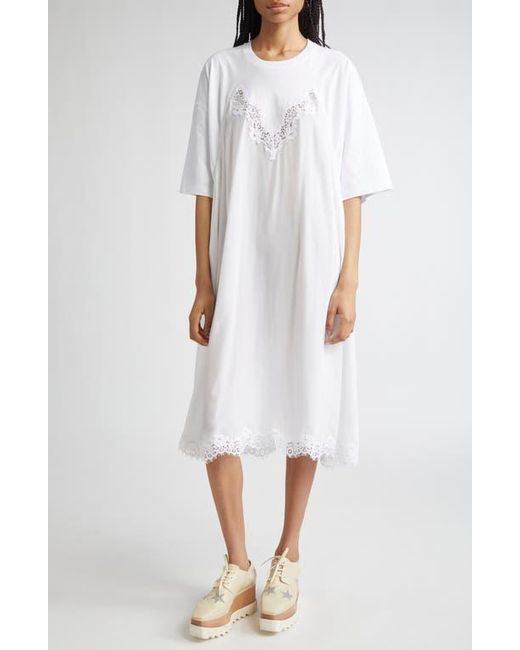 Stella McCartney Lace Trim Mixed Media T-Shirt Dress in White | Lyst
