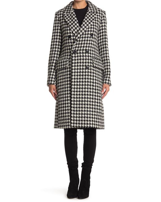 BCBGMAXAZRIA Houndstooth Double Breasted Wool Blend Coat in Black / wh ...