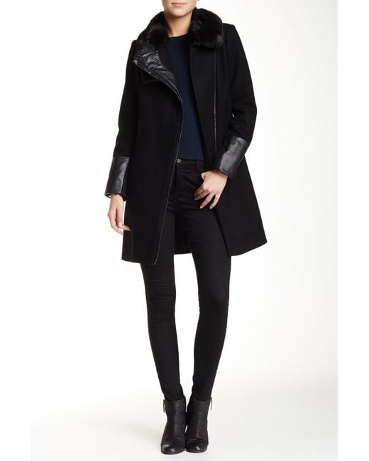 RACHEL Rachel Roy Black Faux Fur Trim Asymmetrical Wool Blend Coat