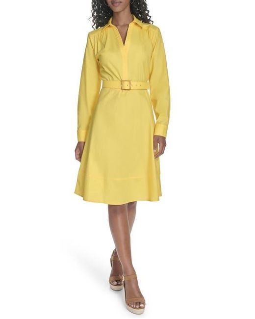 Calvin Klein Belted Long Sleeve Dress in Yellow | Lyst