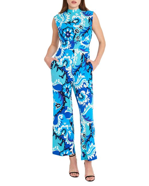 DONNA MORGAN FOR MAGGY Blue Floral Sleeveless Jumpsuit