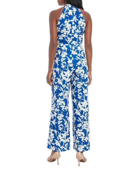 London Times Blue Floral Crossover Halter Neck Jumpsuit