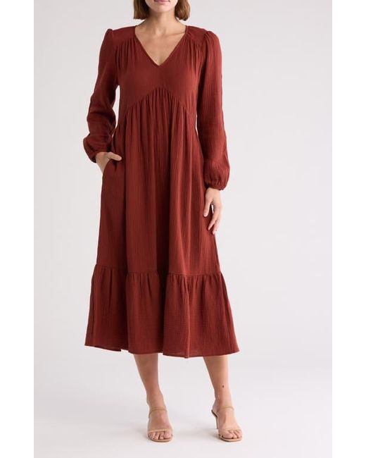 Melrose and Market Long Sleeve Cotton Gauze Midi Dress in Red Lyst