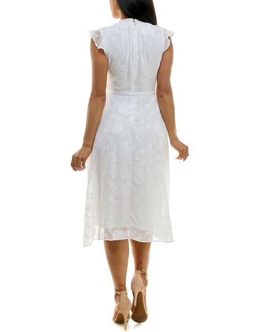 Nina Leonard White Mock Neck Flutter Sleeve Midi Dress