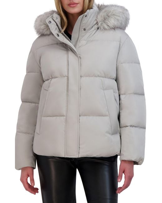 Pale grey faux fur top trim hooded puffer coat