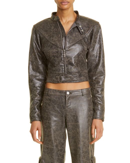 Miaou Gray Vaughn Crop Distressed Faux Leather Jacket