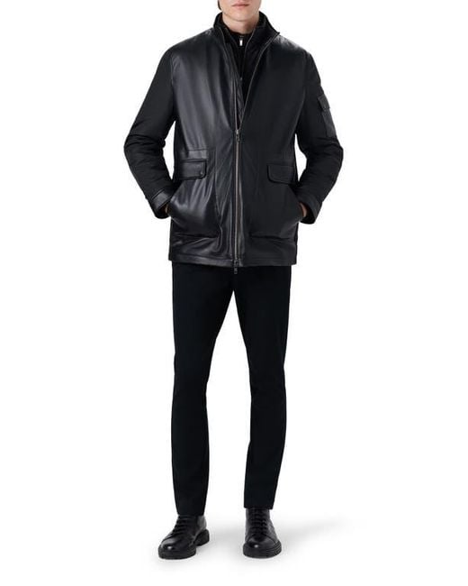 Bugatchi Black Full Zip Leather Bomber Jacket With Removable Bib for men