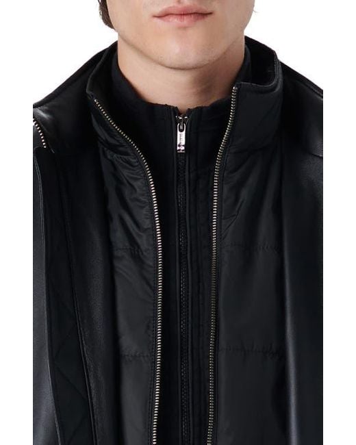 Bugatchi Black Full Zip Leather Bomber Jacket With Removable Bib for men
