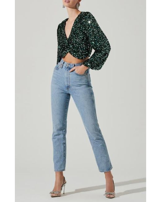Astr Blue Nix Twist Sequin Crop Top