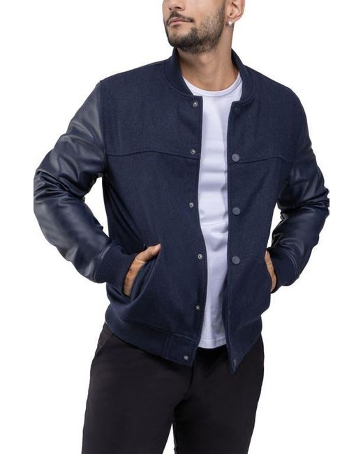 Xray Jeans Blue Mixed Media Faux Leather Bomber Jacket for men