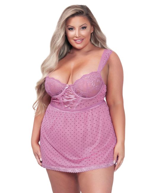 Seven 'til Midnight Pink Lace Cup Heart Mesh Babydoll & Thong Set