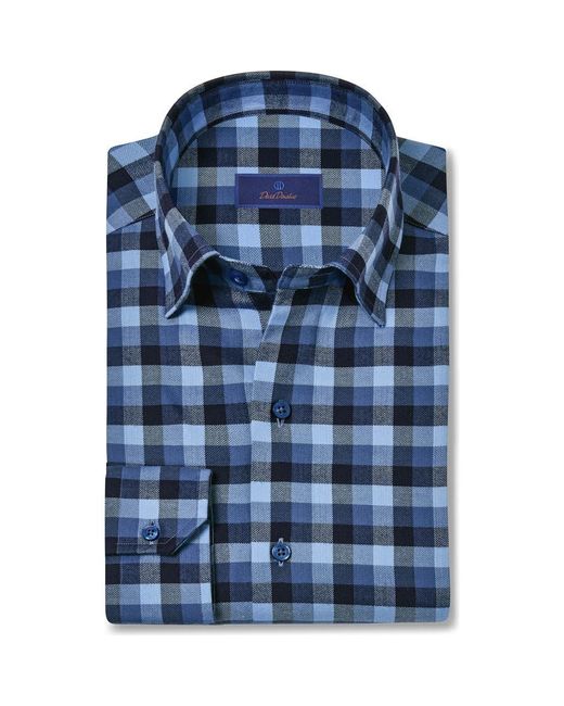 David Donahue Blue Herringbone Check Sport Shirt for men