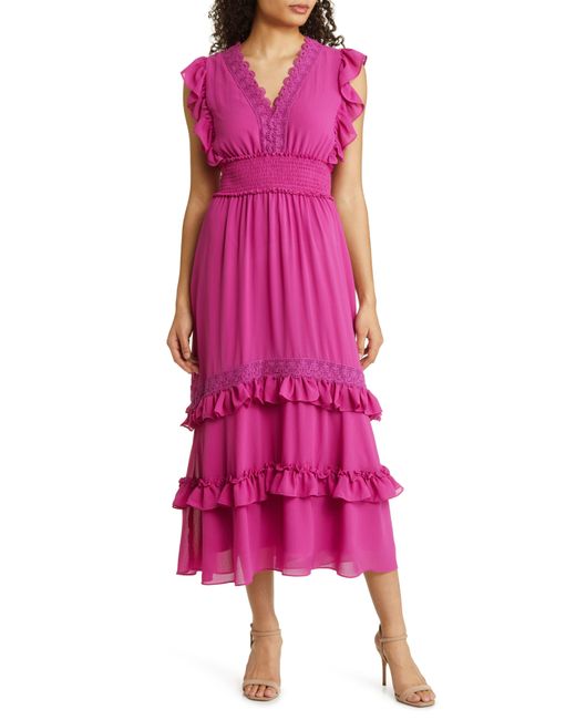 Tahari Pink Lace Trim Tiered Georgette Dress