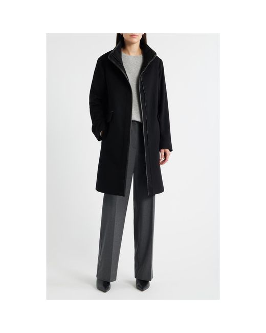 Fleurette Black Jagger Wool Coat With Leather Trim