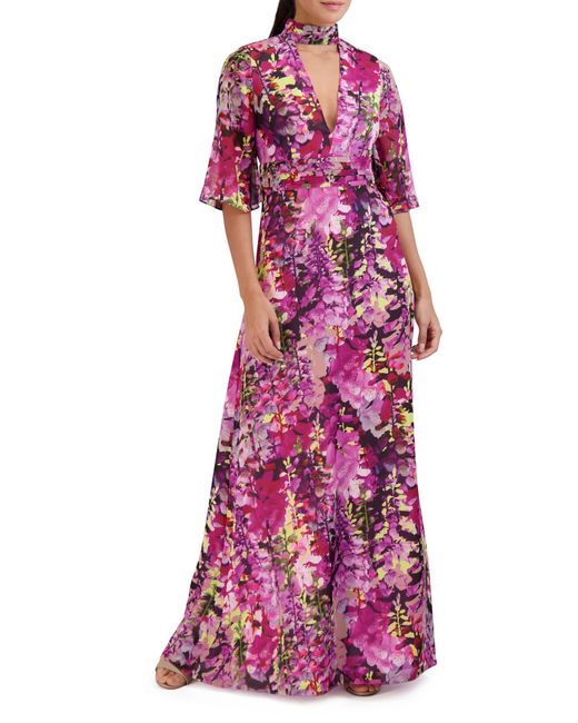 Laundry by Shelli Segal Purple Floral Elbow Sleeve Maxi Dress