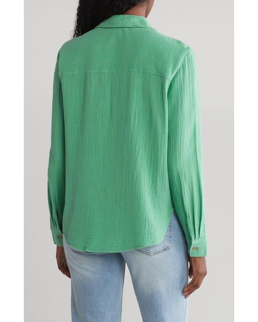 Beach Lunch Lounge Green Long Sleeve Tie Hem Cotton Gauze Button-up Shirt