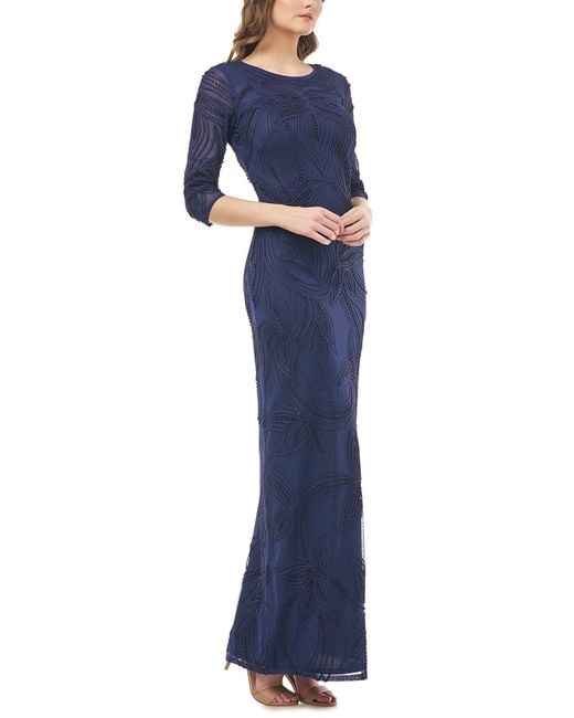 JS Collections Blue Pearl Beaded Soutache Column Gown