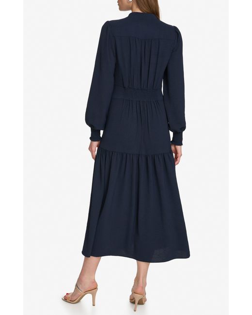 DKNY Blue Tiered Long Sleeve Midi Dress