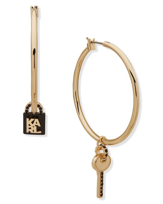Karl Lagerfeld White Lock And Key Enamel & Crystal Charm Hoop Earrings