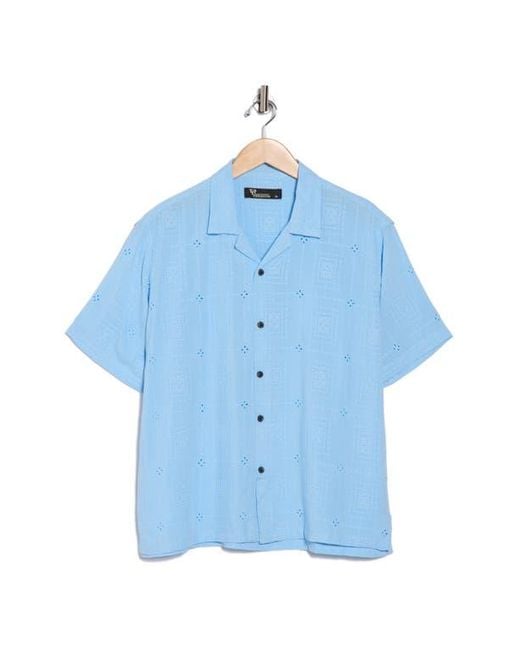 T.R. Premium Blue Boxy Fit Floral Eyelet Embroidered Camp Shirt for men