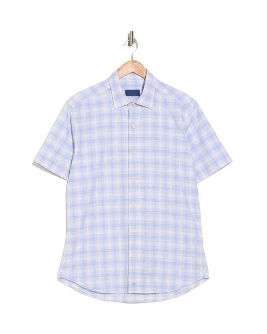 David Donahue Blue Check Poplin Casual Short Sleeve Cotton Button-up Shirt for men