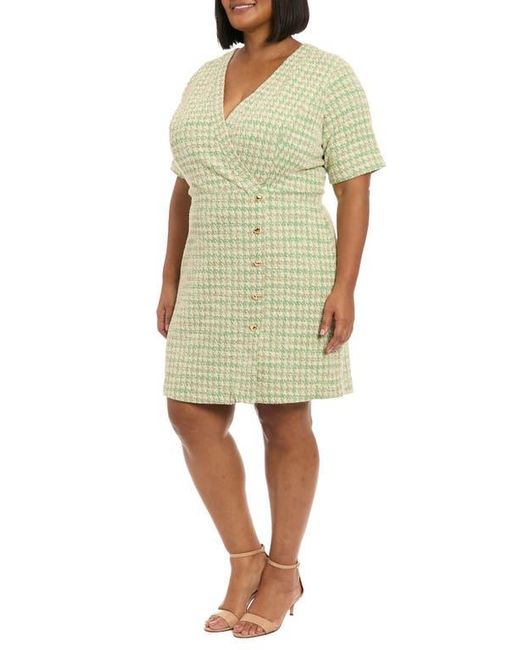 London Times Green Short Sleeve Bouclé Faux Wrap Dress