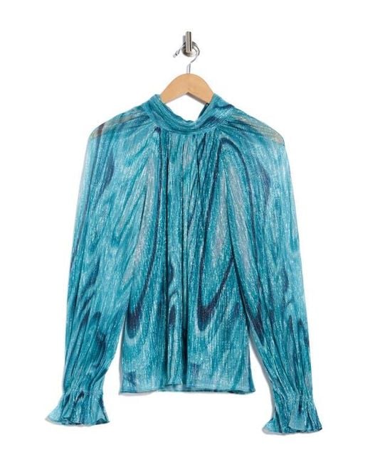Ramy Brook Blue Anneli Metallic Thread Mock Neck Long Sleeve Top