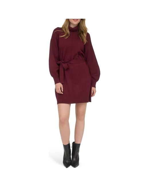 AUGUST SKY Red Long Sleeve Turtleneck Sweater Minidress