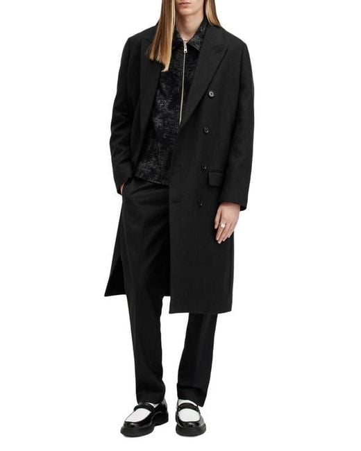 AllSaints Black Arcade Double Breasted Wool Blend Topcoat for men