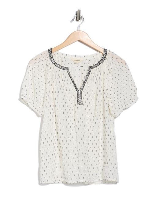 Lucky Brand White Embroidered Puff Sleeve Cotton Blend Top