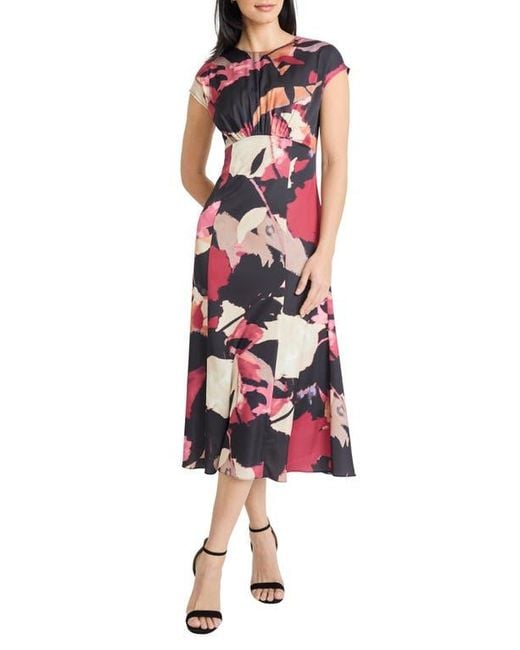 Maggy London Red Floral Cap Sleeve A-Line Midi Dress