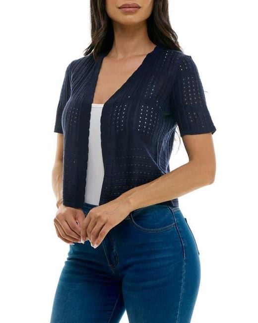 Nina Leonard Blue Open Stitch Short Sleeve Bolero